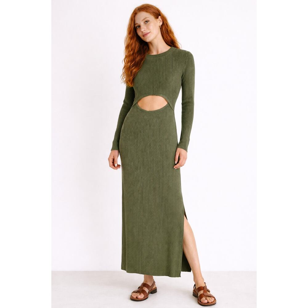 O. Vianca Ribbed Long Sleeve Cut Out Knit Maxi Dress Womens Size Large Green New